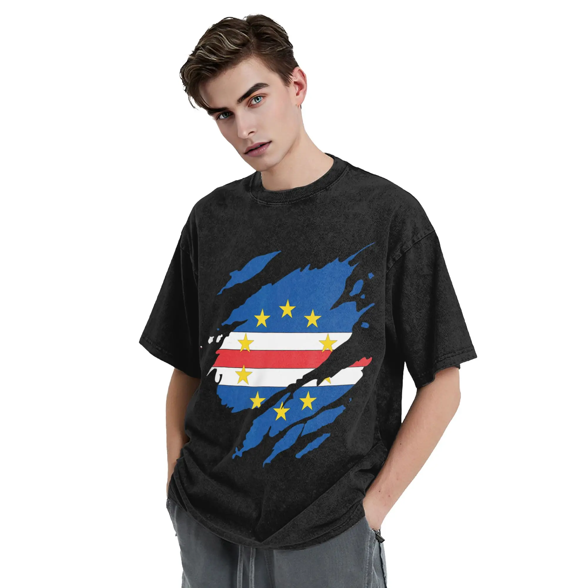 Cape Verde Flag Cabo Verde Washed T Shirt Streetwear  Novelty T-Shirts  Tee Shirt Men Women Cotton Oversize Printed