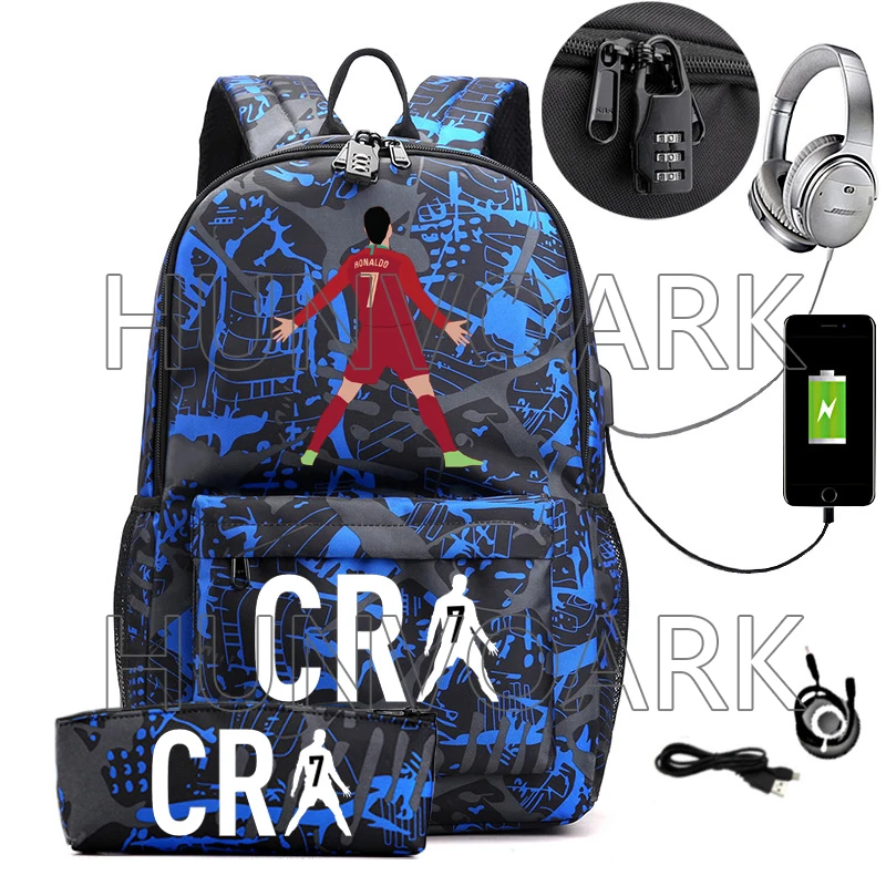 CR7 Mochila Laptop USB para Homens e Mulheres, Mochilas Escolares, Grande Capacidade, Impermeável, Carga USB Externa, Adolescentes Mochilas, 2PCs