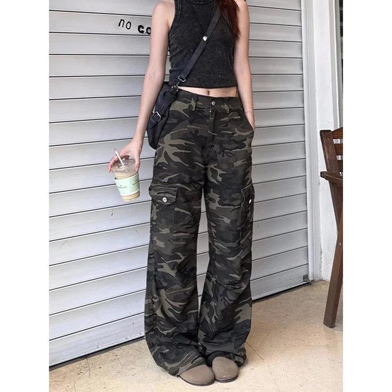 

ZHIZOU Casual High Street American Retro Overalls Camouflage Loose Wide Leg Pants Women Y2k Hip-hop Cargo Grunge Baggy Trousers