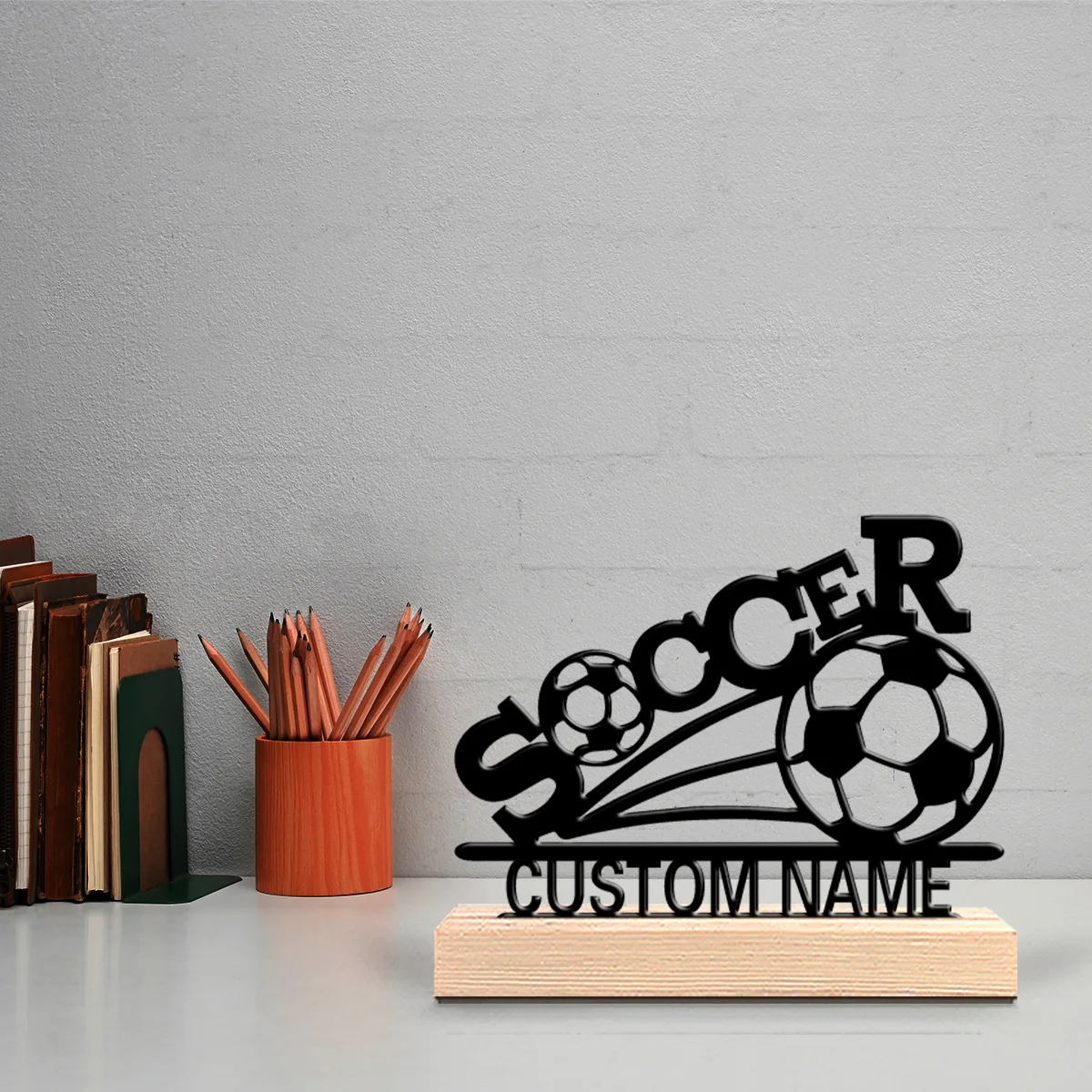 1pc Abstract soccer Custom Text Tin Statue Metal Ornament Handicraft With Wood Base Tin Sculpture For Children Gifts