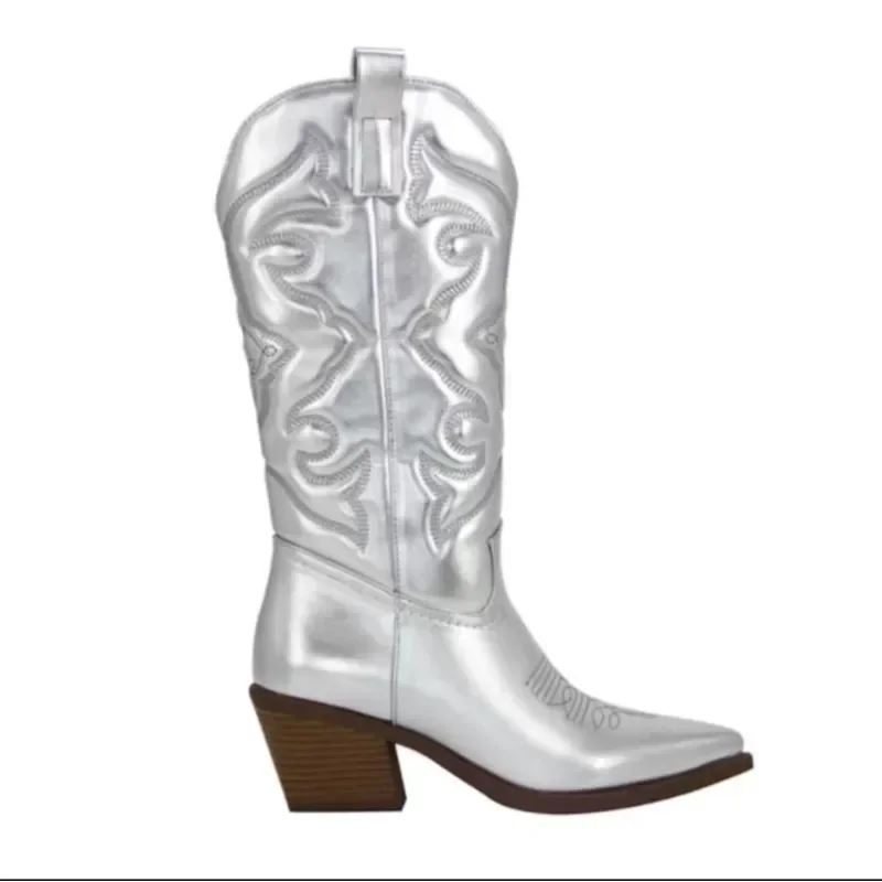 2024Women\'s Western Boots Cowboy Cowgirls Pointed Toe Knee High Pull On Shoes Chunky Heel Fashion Silver Bling Embroidered Boots