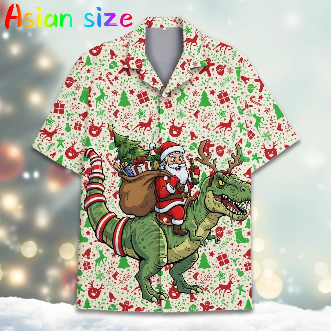 

Уличная одежда большого размера, гавайская рубашка с короткими рукавами и 3D аниме Санта-Клаусом и динозавром, мужские праздничные повседневные модные блузки с лацканами