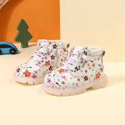 2024 neue Herbst Baby Stiefel für Mädchen Leder Blume Stiefeletten Gummis ohle Reiß verschluss Seite Mode Kleinkind Kinder Stiefel 15-25