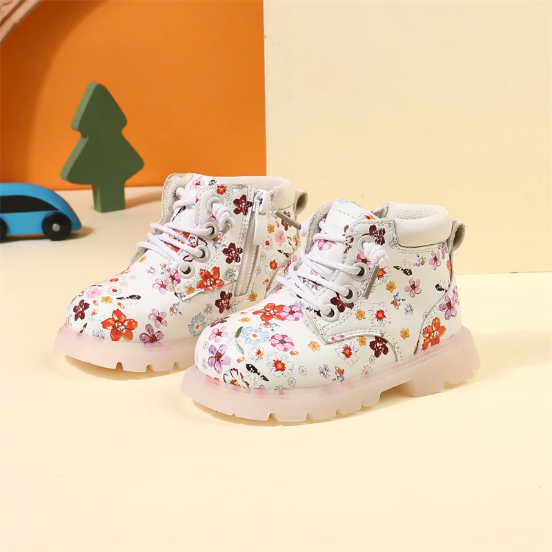 2024 New Autumn Baby Boots For Girls Leather Flower Ankle Boots Rubber Sole Zip Side Fashion Toddler Kids Boots 15-25