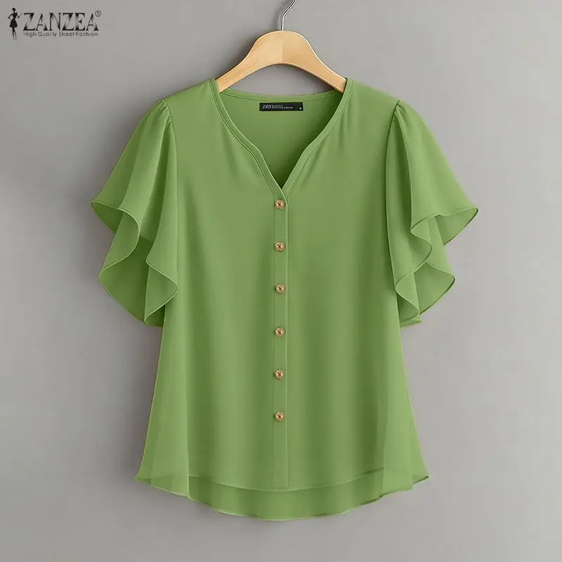 2026 ZANZEA Summer Women Tops Stylish Solid Holiday Shirt Elegant V Neck Short Ruffled Sleeve Blouse Casual OL Work Blusas Femme
