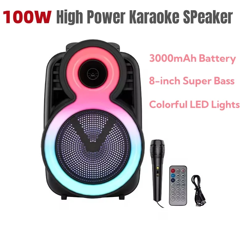 

100W High Power Party Box Portable Caixa De Som Bluetooth Speaker Outdoor Karaoke System 8-inch Speakers Colorful Subwoofer TWS