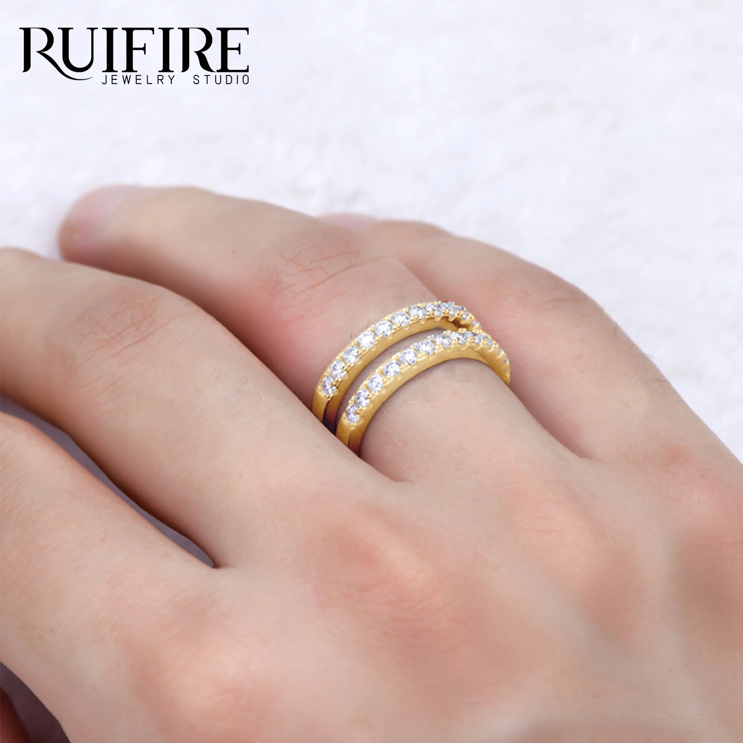 

RUIFIRE Роскошные двухрядные обручальные кольца с муассанитом, настоящее серебро S925, позолоченное кольцо 14 карат, женское ювелирное изделие, сертификат