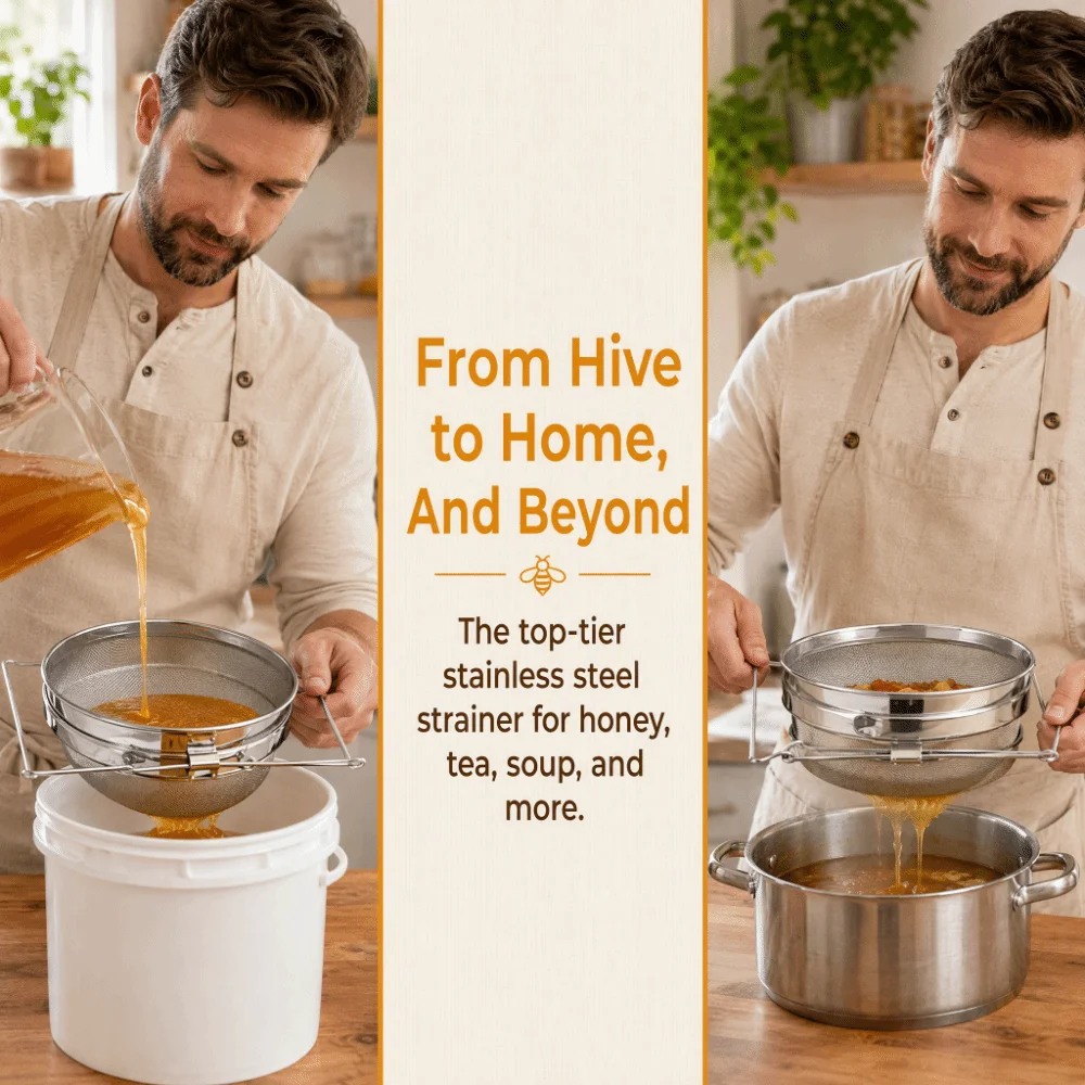 Stainless Steel Double Sieve Honey Strainer Double Sieve Extendable Arms Honey Strainer Bucket Antiskid Handle