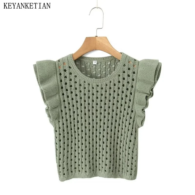 

KEYANKETIAN New Women Cascading Decoration Flying sleeve Hollow out Chenille Knitwear Holiday wind Female Short Sleeve Pullover