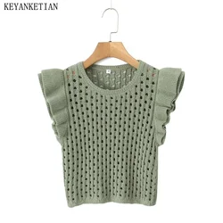 KEYANKETIAN New Women Cascading Decoration Flying sleeve Hollow out Chenille Knitwear Holiday wind Female Short Sleeve Pullover