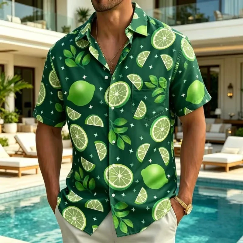 Men Shirt Cuban Collar Line Lemon Fruit Print Short Sleeve Regular Fit Pool Vacation Casual Male Apparel