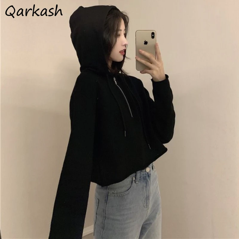 With Hat Hoodies for Women Y2k Spring Autumn Korean Fashion Crop Tops Chic Zipper Design Young Basic Street Wear Cute Students