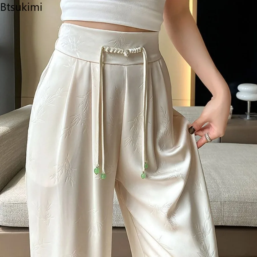 2025 Primavera Verano nuevo estilo chino satén Jacquard cintura alta pantalones de pierna ancha para mujer Casual elegante pantalones de moda Mujer