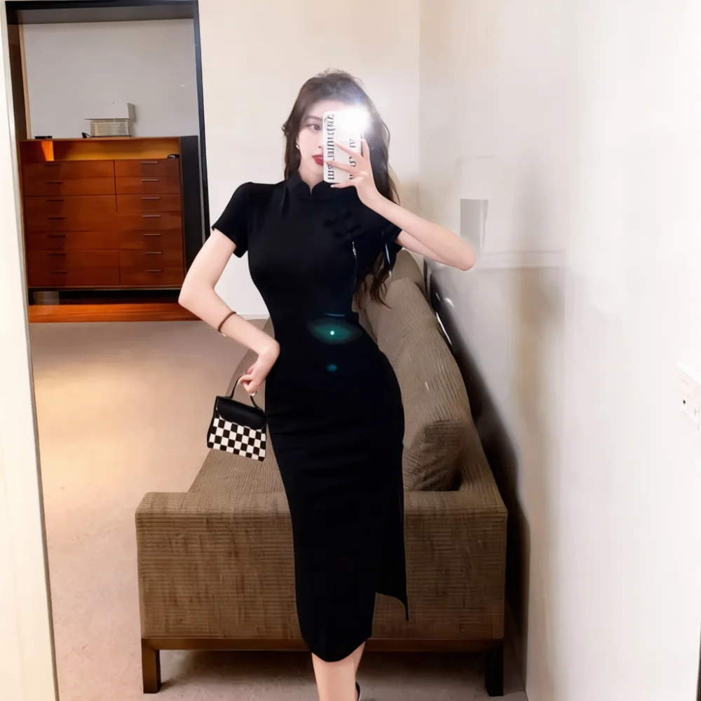 Summer Women Dress Black Vintage Chinese Style Cheongsam Modified Midi Skirt Elegant Modern V Neck Slim Fit Outfit