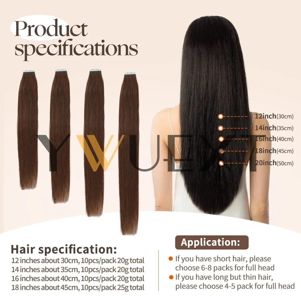 Extensiones de cabello con piel invisible PU, 20g, lacio natural, máquina Remy sin costuras, adhesivas, cabello humano, 10 piezas por paquete, 7 colores disponibles 6