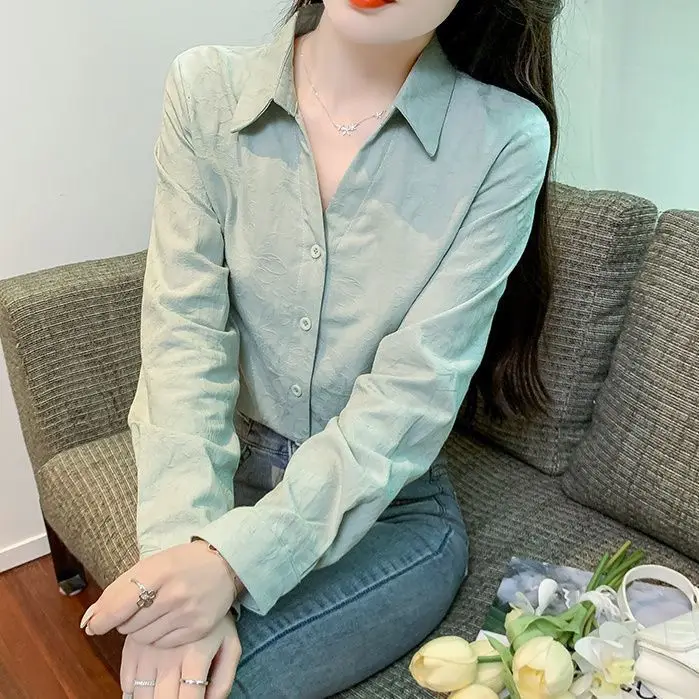 

Женская жаккардовая рубашка из чистого хлопка, рубашка с длинными рукавами, модный топ