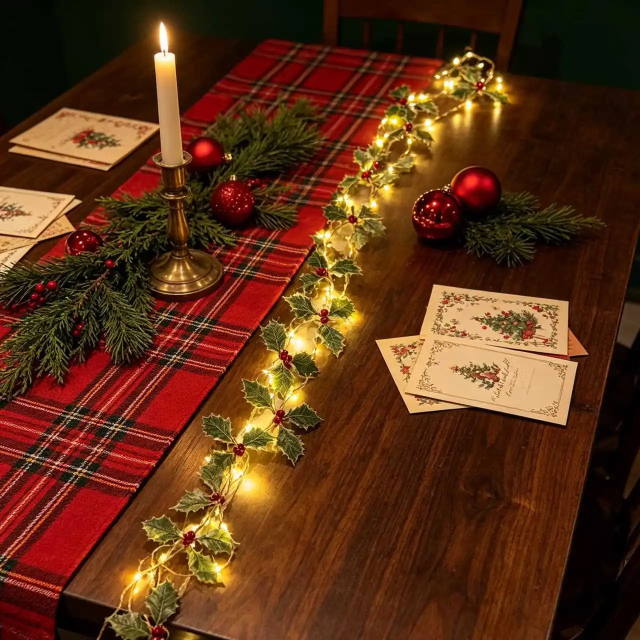 Battery LED Copper String Light Christmas Holly Red Berry Garland Holiday Decor for Fireplace Table Window