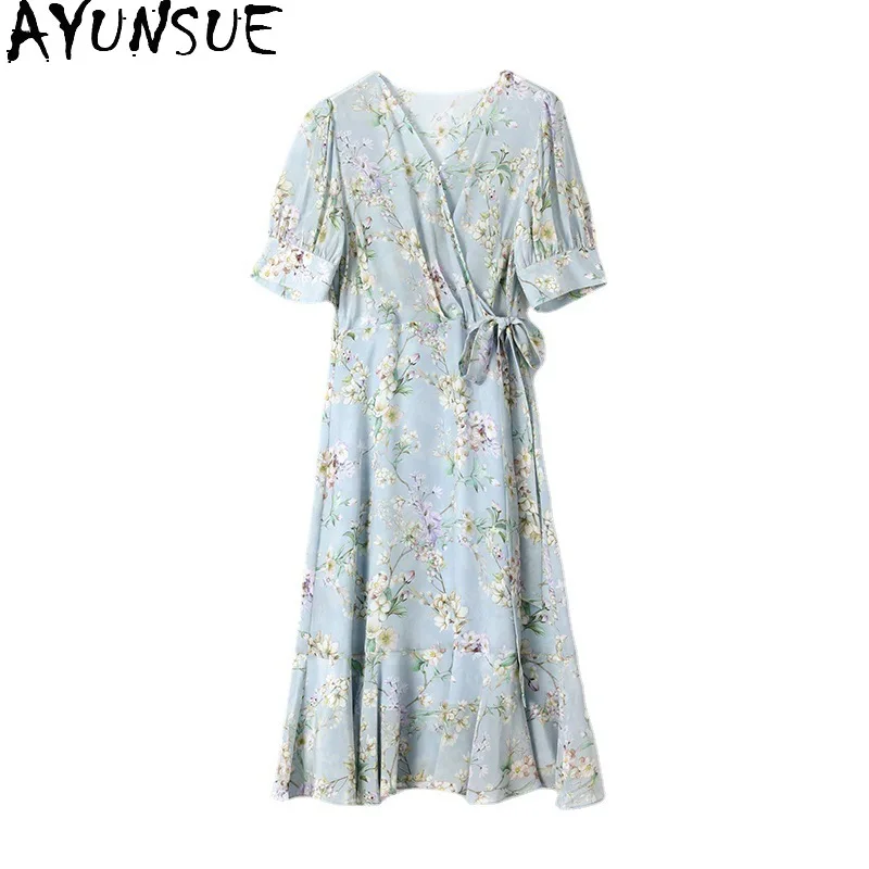 AYUNSUE 100% vestido de seda amoreira para mulheres, vestidos estampados elegantes, roupas da moda francesa, verão, 2024