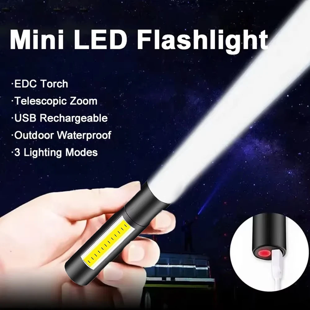 LED Flashlight Rechargeable Super Bright Mini Work Light 3 Modes Waterproof Portable COB Tactical Torch Zoomable Camping Lantern