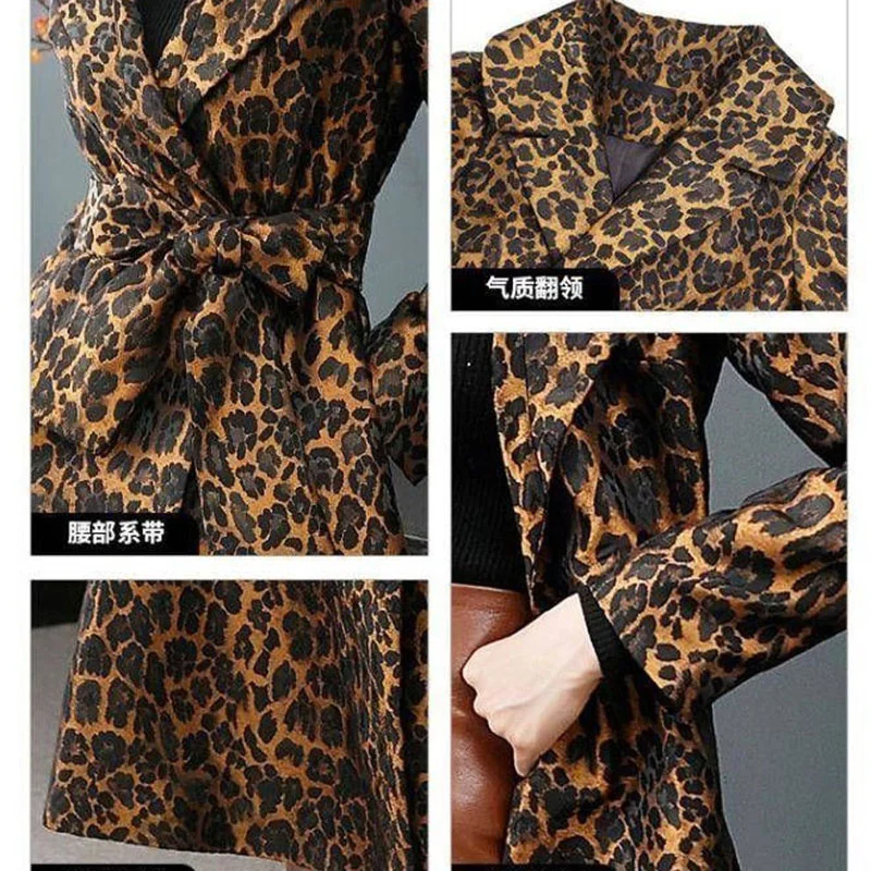 High End Fashion Leopard Coat Women Spring Autumn Korean Slim Long Trench Coat Female Windbreaker With Belt Mother Outwear 4XL