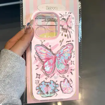 핑크 나비 투명 휴대폰 케이스, 아이폰 15 프로 케이스, 아이폰 11 13 12 14 프로 맥스 XR XS 맥스 X 7 8 플러스 충격 방지 커버