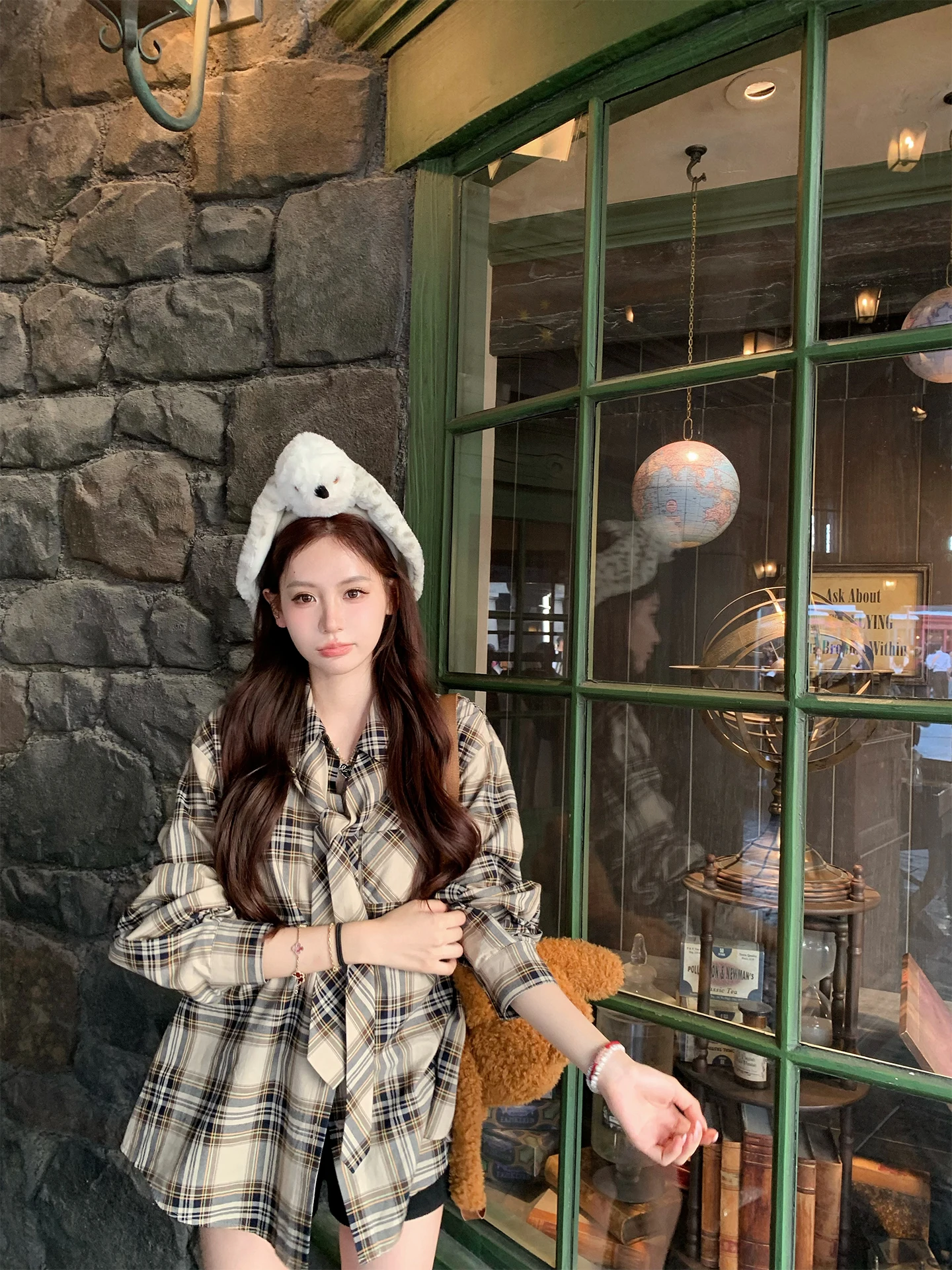 

Pinky Piggy Retro Plaid Tie irt Women Loose Comfortable Slimming Casual Sle Long Sve Button up Top for Daily Wear