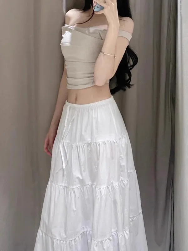 Spring Summer 2025 Women's White Puffy Cake Skirt Long Layered Splicing Skirts High Waist Cotton Baking Dres
