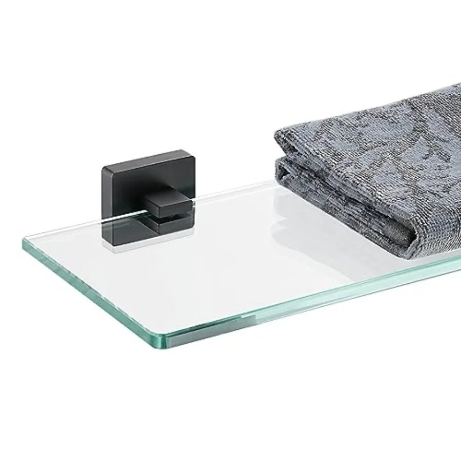 

Bathroom Glass Shelf Black, Tempered Glass Shower Storage by 5, 304 Stainless Steel Wall Mount, TGS1L-PB