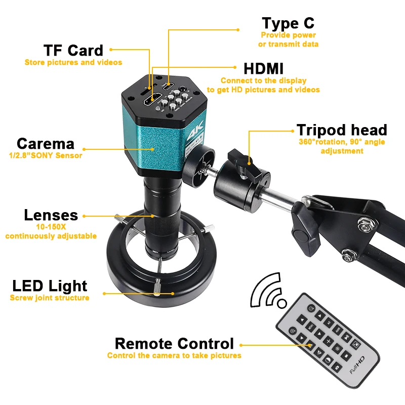 Zestaw mikroskop wideo elektronicznych HD 4K 1080P HDMI Type-C 150X Zoom C-mocowanie obiektywu lampa pierścieniowa LED metalowa naprawa składany