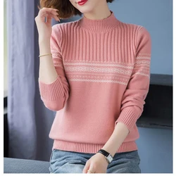Geometric Contrast Color Screw Thread Pullover Long Sleeve Sweater Knitted Round Neck Autumn Winter Women's Clothing Tops