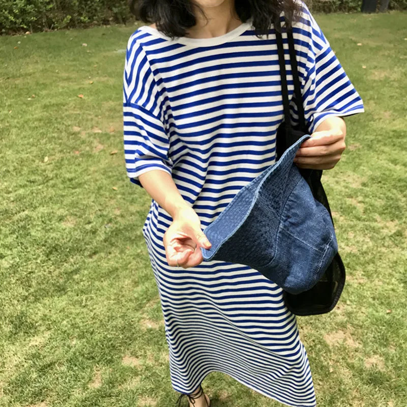 Vintage Striped Knitting Ladies Dresses Summer New Short Sleeve Loose Split Hem Long Dress Fashion Casual Women Clothing