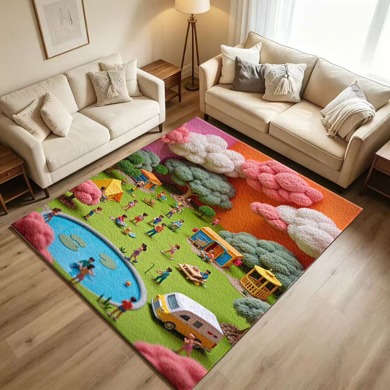 Miniature Diorama Camping Scene Carpet Flooring Colorful 3D Style Park Activity Printed Floor Rug for Household Interior Decoration