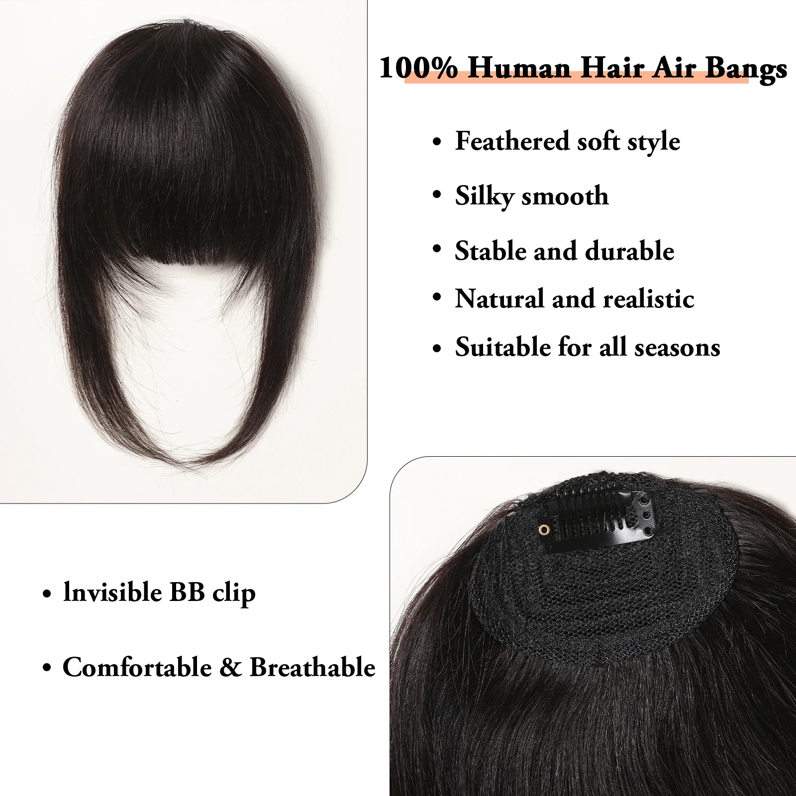 Straight Remy Human Hair Bangs Natural Black Human Hair Blunt Bangs Clip in Human Hair Air Bangs Pieces for Women Hair Extension