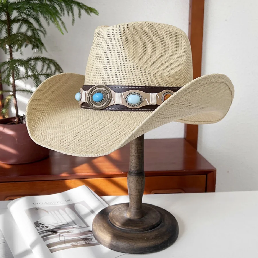 Retro outdoor mountaineering cowboy hat with large brims for men and women, Western horseback riding sun protection straw hat, s