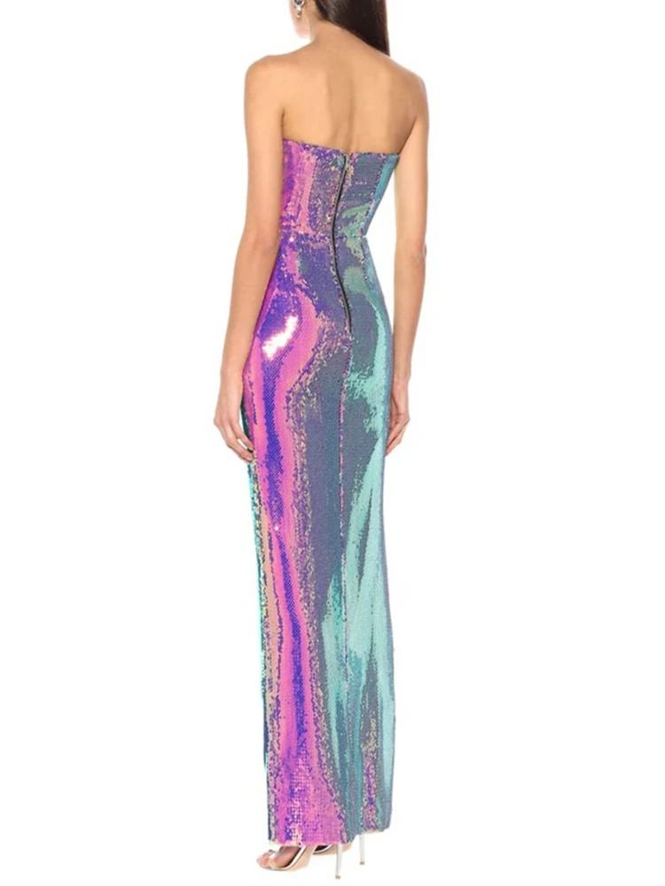 DEAT Elegant Dress Strapless High Slit Colorful Sequins Women\'s Customized Evening Party Dresses 2024 Spring New Fashion 35Z216