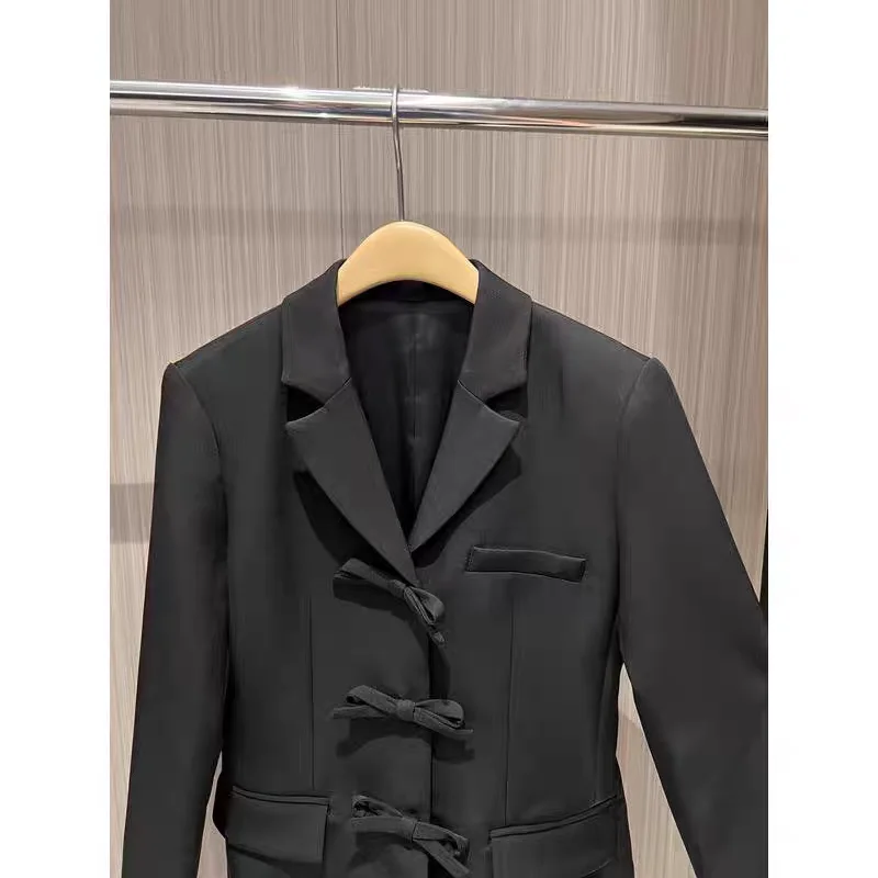 Elegant Autumn Winter Tie Belted  Knot Decorated Slimming Women's Suit Jacket Sweet Style Long Sleeve Regular Fit