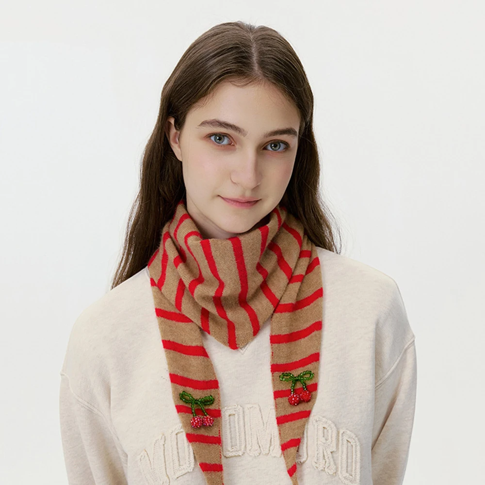 

Women's Accessories Knitted Striped Triangle Scarves Autumn Winter Outer Shawl Cherry Pattern Headscarf Neck protection Scarf