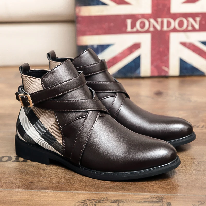 

Men Chelsea Boots High Quality Plaid Korean Style One Step Round Head Business Men Boots Black Brown Size 38-48 Men boots