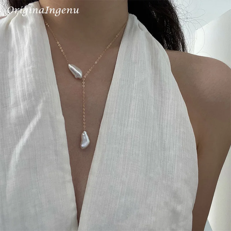 Natural Baroque Pearl Necklace Gold Y Choker 14K Gold Filled Handmade Pendants Tarnish Resistant Boho Jewelry for Women