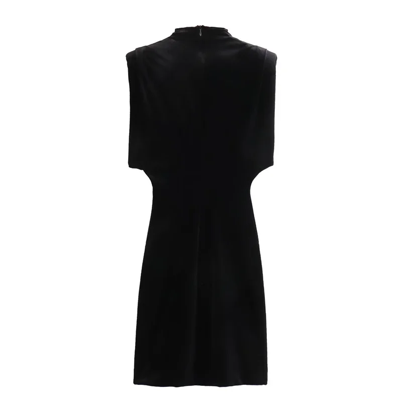 KEYANKETIAN Autumn New Women's Soft Touch Velvet Dress Elegant Stylish Zip-up Mock Neck Slim Black Sleeveless Mini Dress Gothic