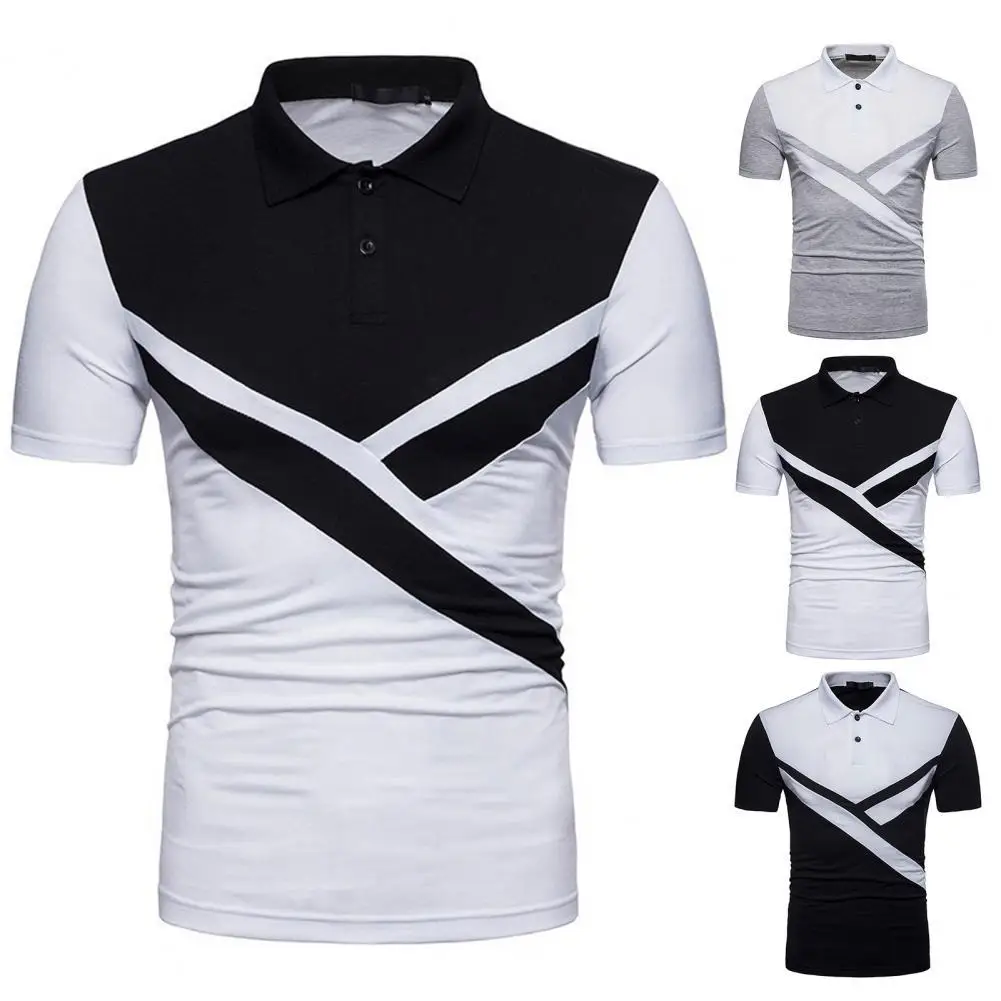 Men T-shirt Patchwork Contrast Colors Short Sleeve Irregular Summer Top for Work