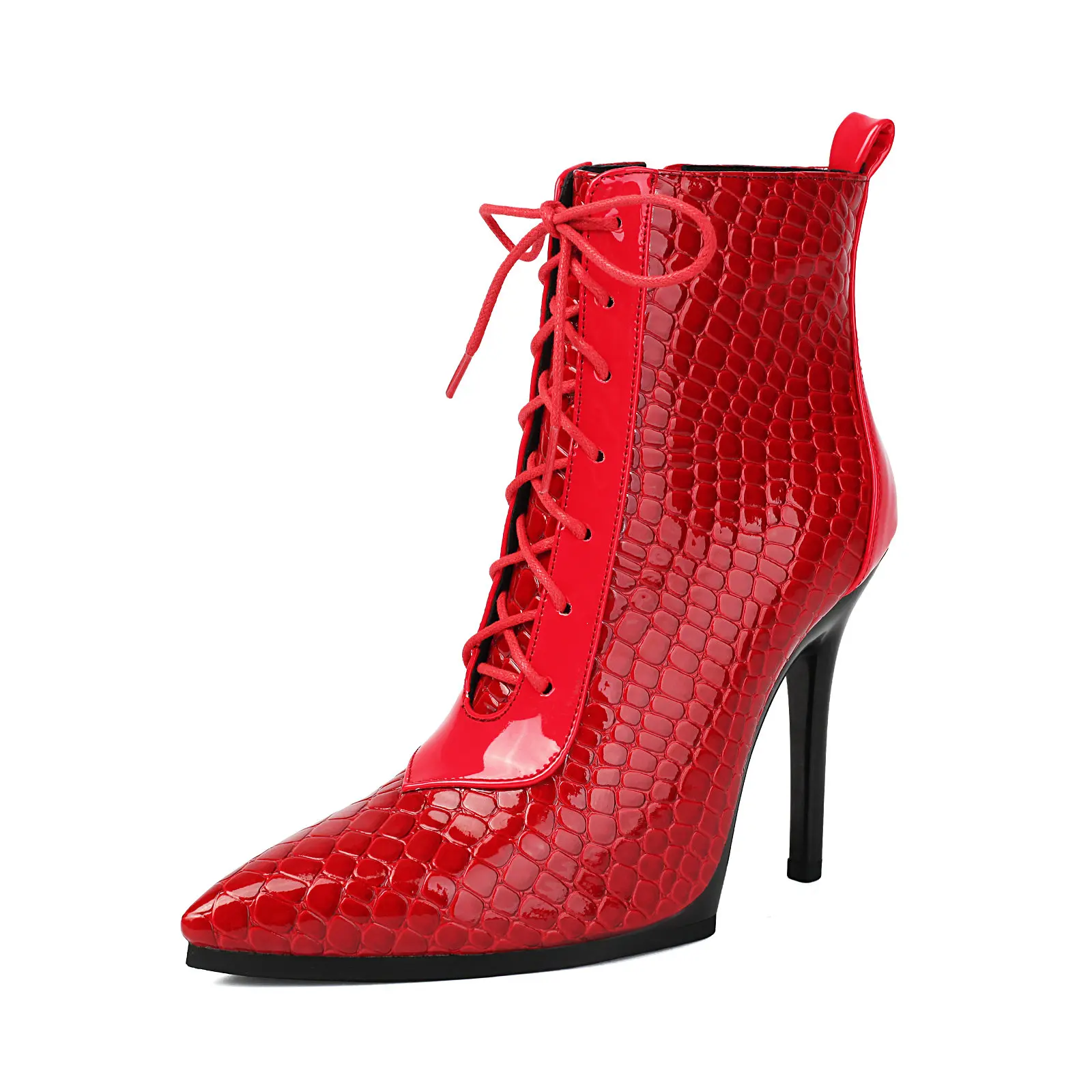 

Women's Ankle Boots Pointed Toe Sexy Stiletto Glossy Patent Leather High Heel Side Zipper Lace Up Party Dressy Shoes