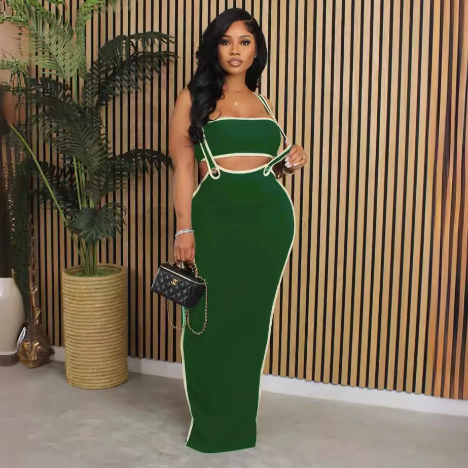 Ribbed Dress Two Piece Skirt Set 2024 Women Summer Clothes Outfits Luxury Elegant Sexy Crop Top Long Dress 2 Piece Skirt Sets