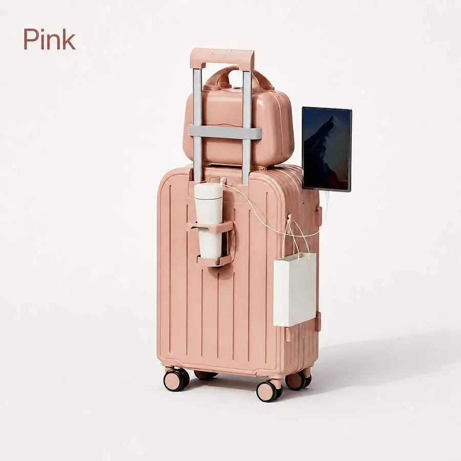 20 Inch Minimalist Hardshell Luggage With Makeup Case, Spinner Trolley Suitcase With Wheels And Cup Holder,Big Capacity Travel C