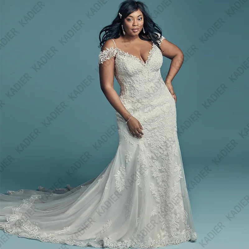 Aangepaste lange ivoor kant luxe zeemeermin plus size trouwjurken vrouwen elegante applicaties bruidsjurken vestidos novias boda