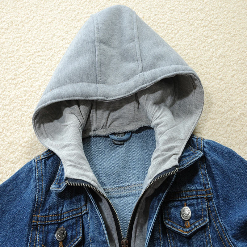 3-14Years Baby Boys Girls Hooded Jeans Coats Kids Solid Color Denim Jacket Children Long Sleeves Zipper Vintage Outwear