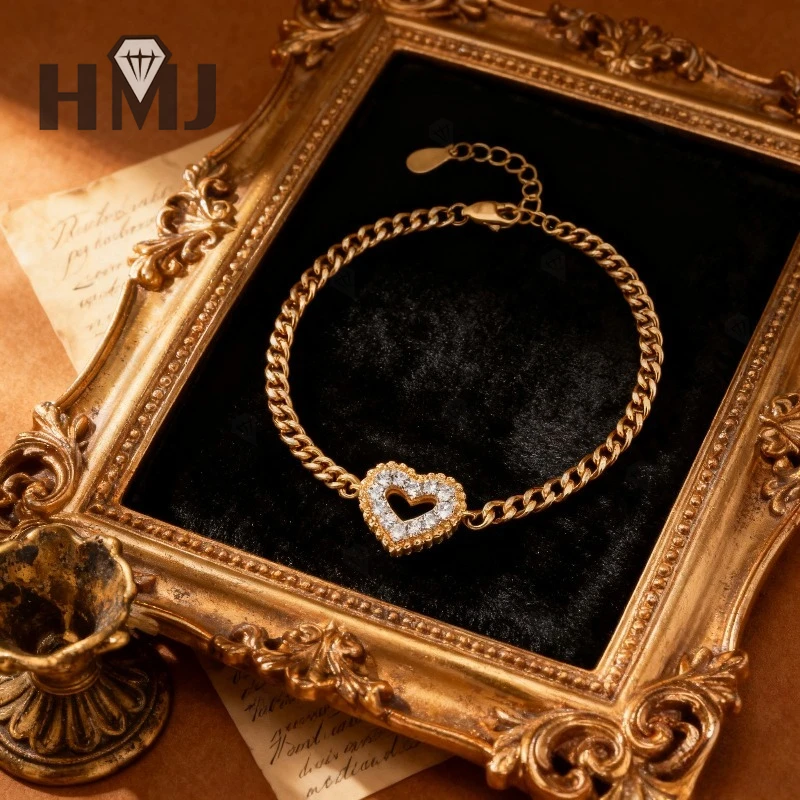 

Браслет в форме сердца из муассанита с круглыми камнями из белого золота или желтого золота идеально подходит для рождественских и пасхальных подарков