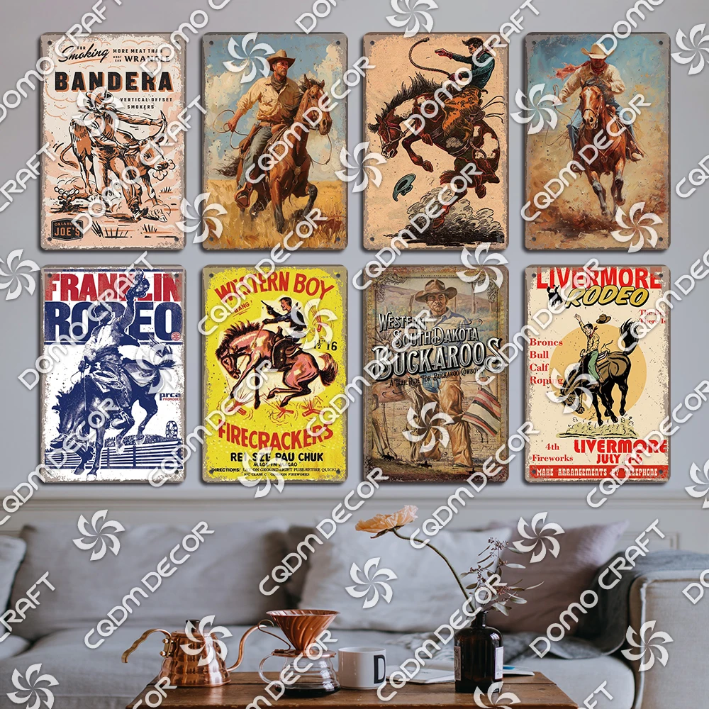 West Cowboy Plates Tin Signs, Vintage Rodeo Metal Poster, Retro Wild West Plaque, Jockey Club, Home Wall Decor