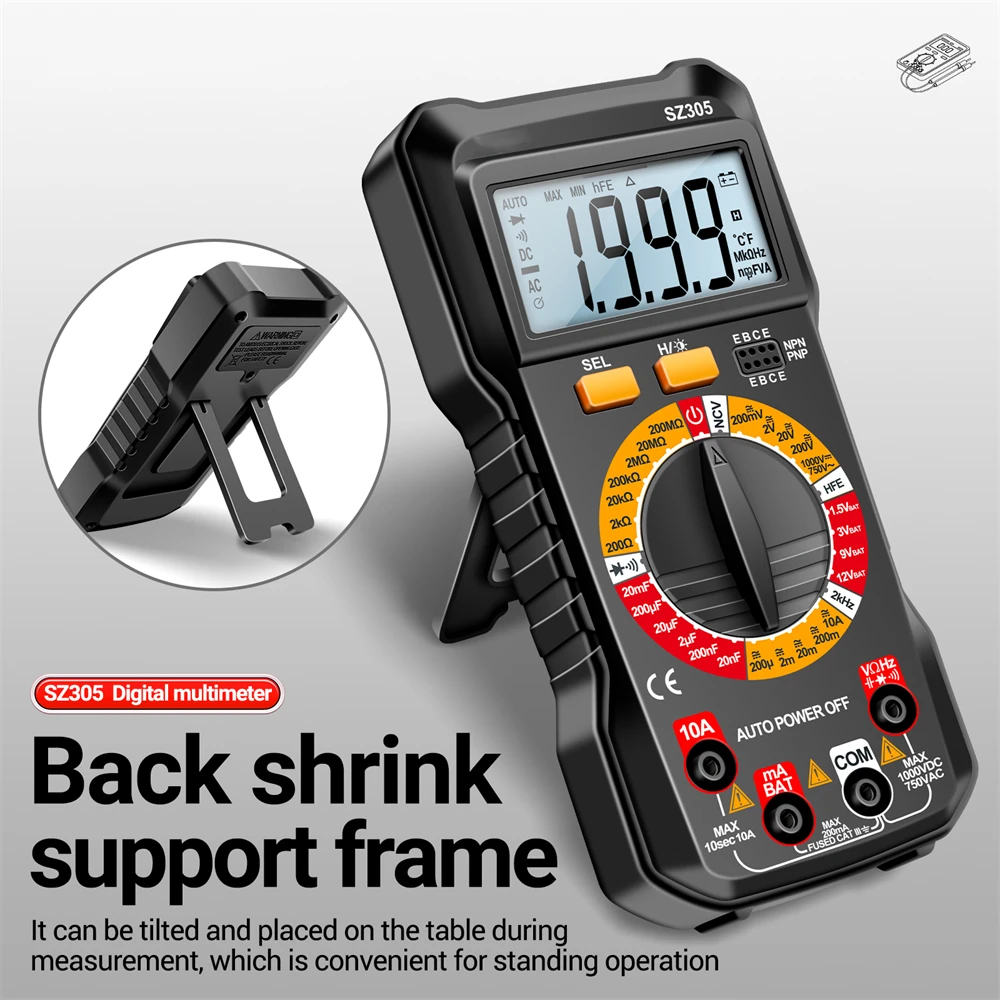 

SZ305 Digital Multimeter Professional AC/DC Voltage Ammeter Capacitor hFE Triode NCV Voltage Induction Electrician Tester Tools