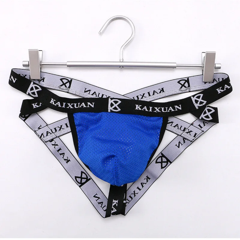 Męski stringi z siateczki lodowego jedwabiu, seksowne majtki z wypukłą kieszenią U, erotyczne, z odkrytymi pośladkami, elastyczne, kontrastowe kolory.